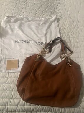 Michael Kors Cognac Leather Tote with Gold Chain Accents